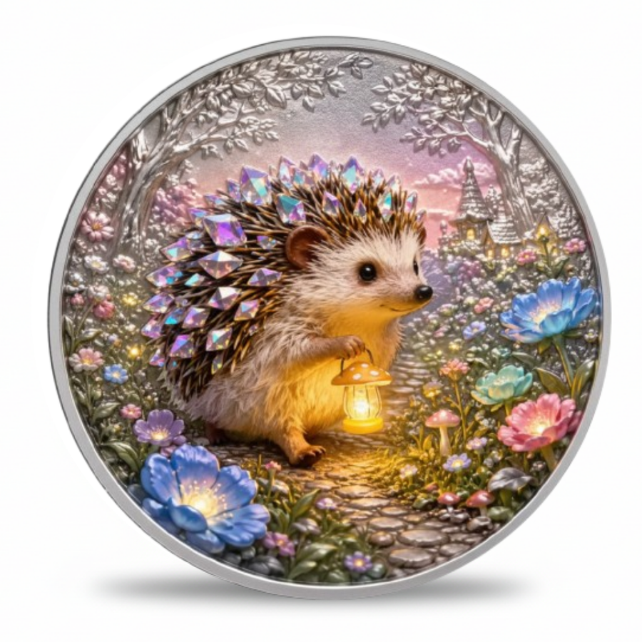 A round silver coin featuring a whimsical fantasy illustration of a hedgehog holding a glowing lantern in a flower-filled forest, with a snowy tree and castle in the background.