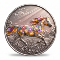 A round silver-toned coin featuring a galloping horse decorated with colorful flowers and rainbow mane and tail details, set against a textured landscape with clouds and grass.