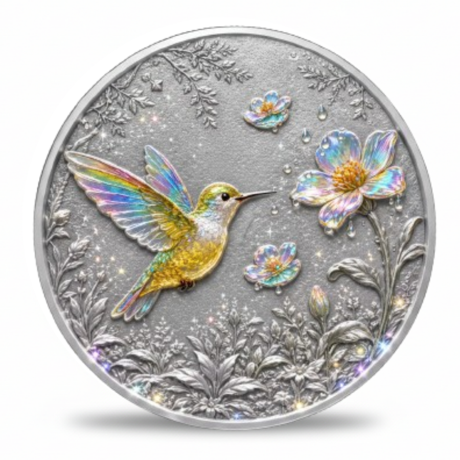 A round silver-toned coin featuring a hummingbird in flight and iridescent flowers, with detailed botanical and droplet motifs on a light gray background.