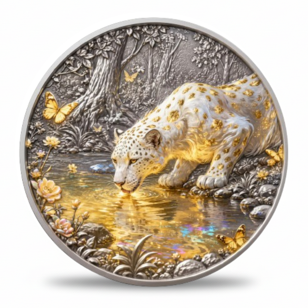 A round silver-toned coin featuring a detailed relief of a white leopard with gold spots drinking from a reflective pool of water, surrounded by butterflies, flowers, and a forest scene in silver and gold tones.