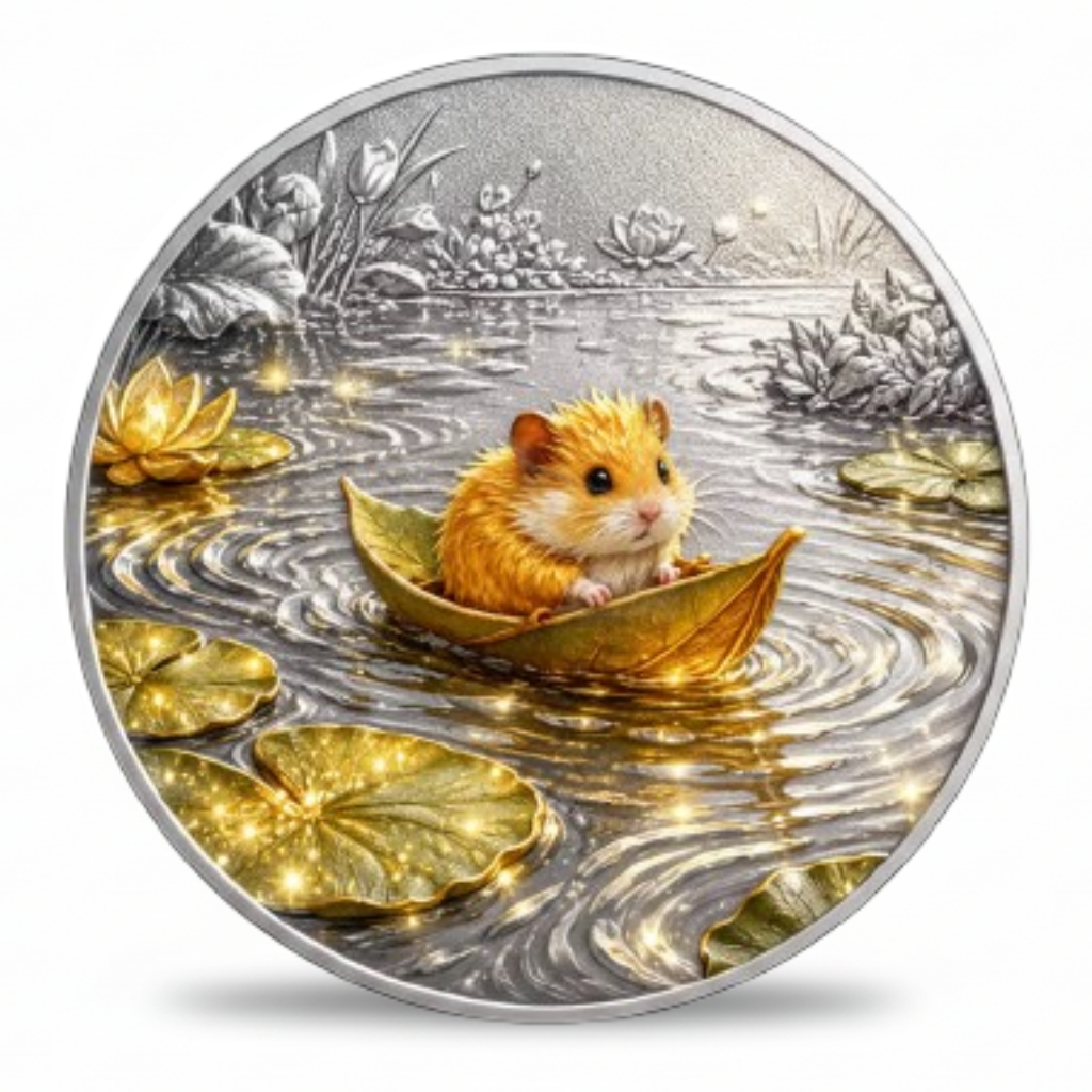 A round silver-toned coin featuring a small orange-brown mouse sitting in a golden leaf on water, surrounded by gold lily pads and lotus flowers, with a silver-toned background and reeds.