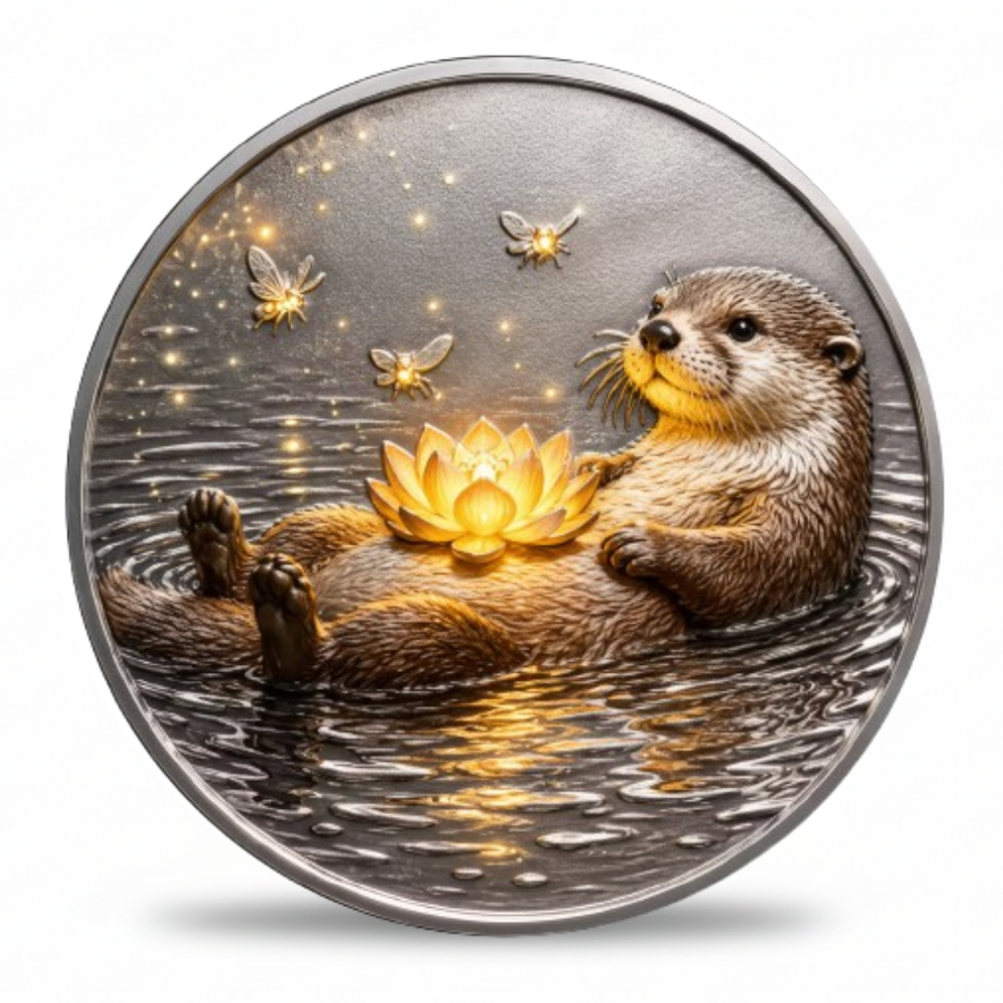 A round silver-toned coin featuring an otter floating in water, holding a glowing lotus flower, with small glowing bees around it on a dark reflective background.