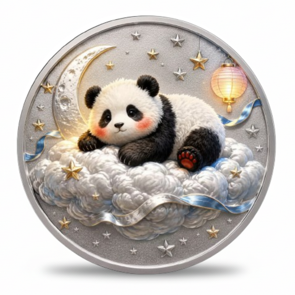 A round silver-toned coin featuring a sleeping panda resting on fluffy white clouds, with a crescent moon, stars, a glowing lantern, and blue ribbon details on a plain light background.