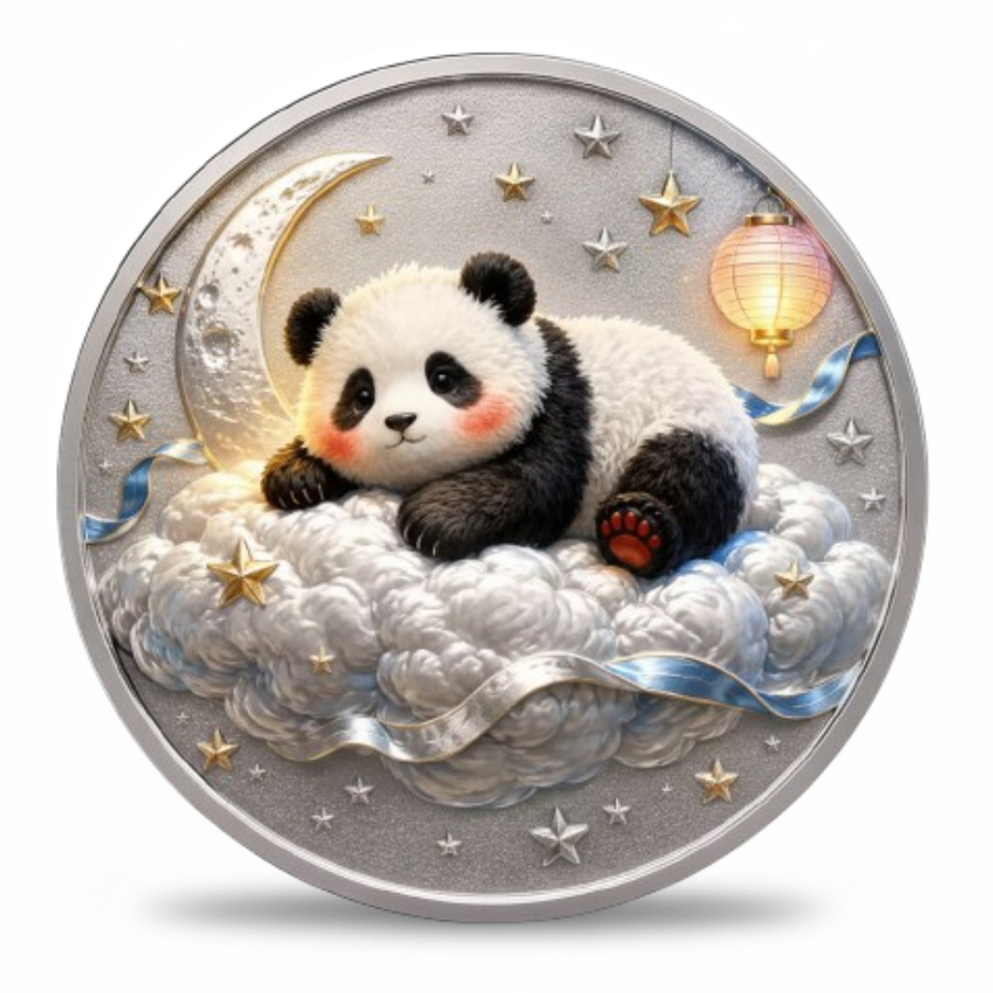 A round silver-toned coin featuring a sleeping panda resting on fluffy white clouds, with a crescent moon, stars, a glowing lantern, and blue ribbon details on a plain light background.