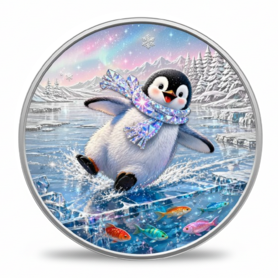 A round silver-toned coin featuring a whimsical winter scene with a penguin wearing a sparkly scarf while sliding on icy water, surrounded by snowy mountains, colorful fish, and a pastel sky.