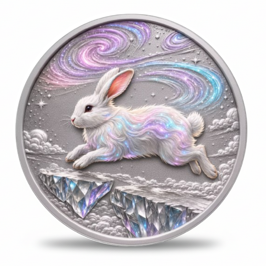 A round silver-toned coin featuring a detailed relief of a white rabbit with iridescent pastel fur, set against a starry sky with swirling purple, blue, and pink nebulae and icy crystal mountains below.