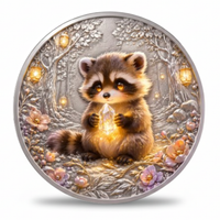 A round silver-toned coin featuring a detailed fantasy illustration of a raccoon sitting in a snowy forest and holding a glowing crystal. The design includes warm yellow lantern lights, soft pink flowers, and a textured silver background, shown on a clean white backdrop.