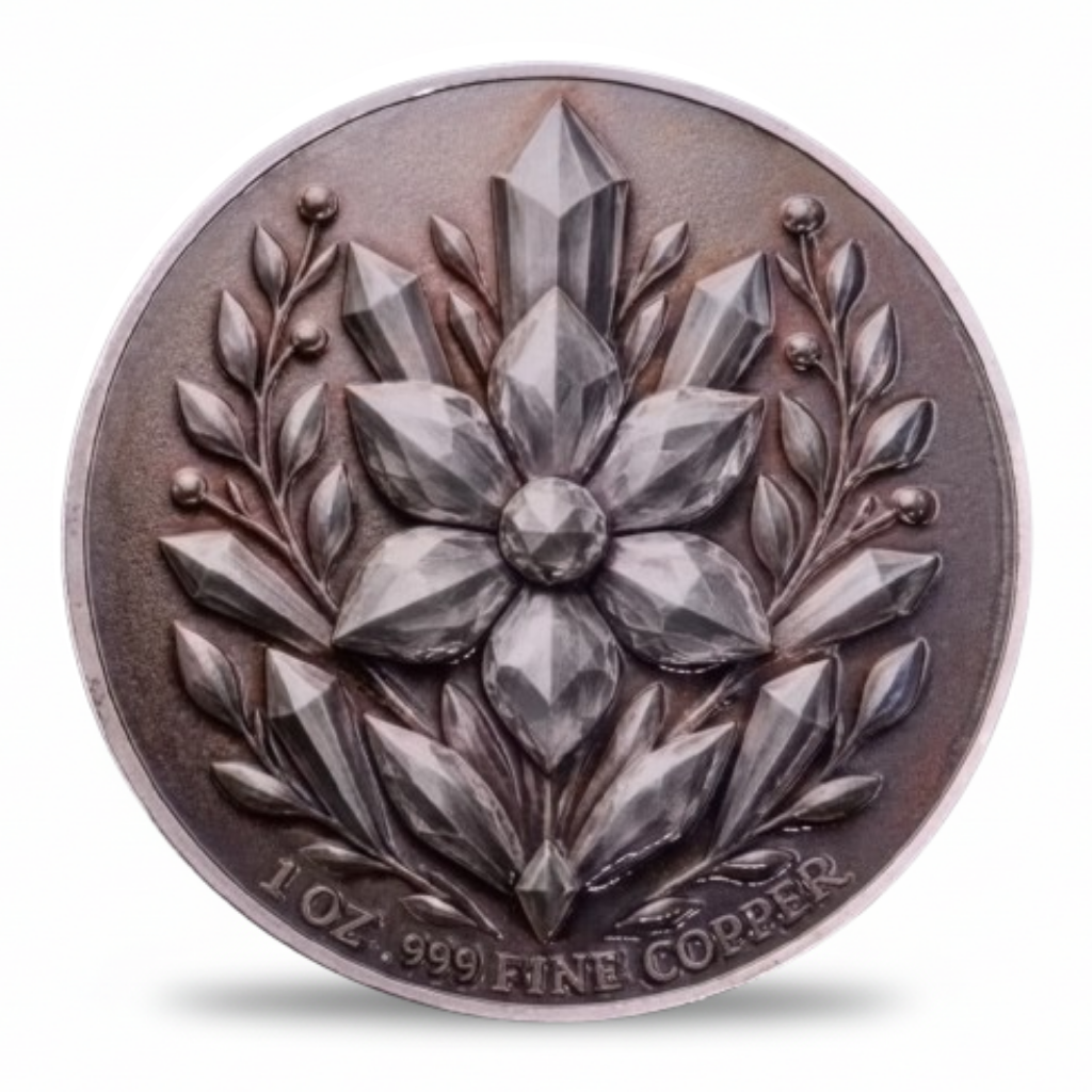 A round 1 oz copper coin featuring a detailed relief design of a flower and leafy wreath with crystal-like facets