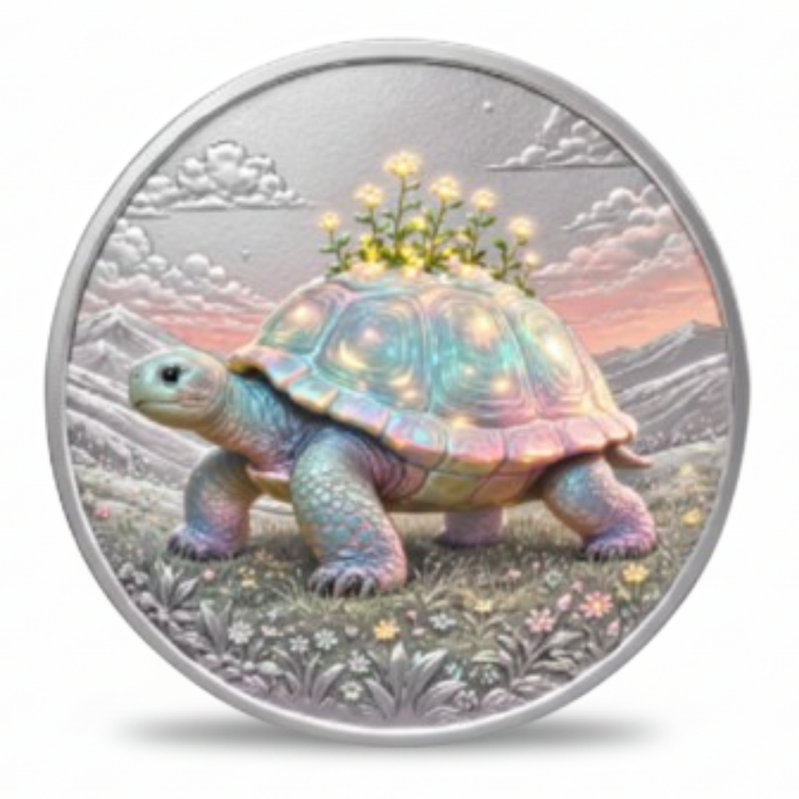 A round silver-toned coin featuring a pastel-colored tortoise standing in a flowered landscape with clouds and mountains in the background. The tortoise shell has a rainbow iridescent sheen, and small yellow flowers sit on its back.
