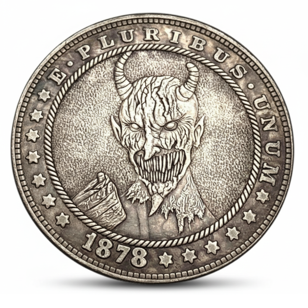 Demon hobo nickel coin 1878 commemorative collectible horns fangs carved coin Gothic dark art horror collectible token available at One More Coin store
