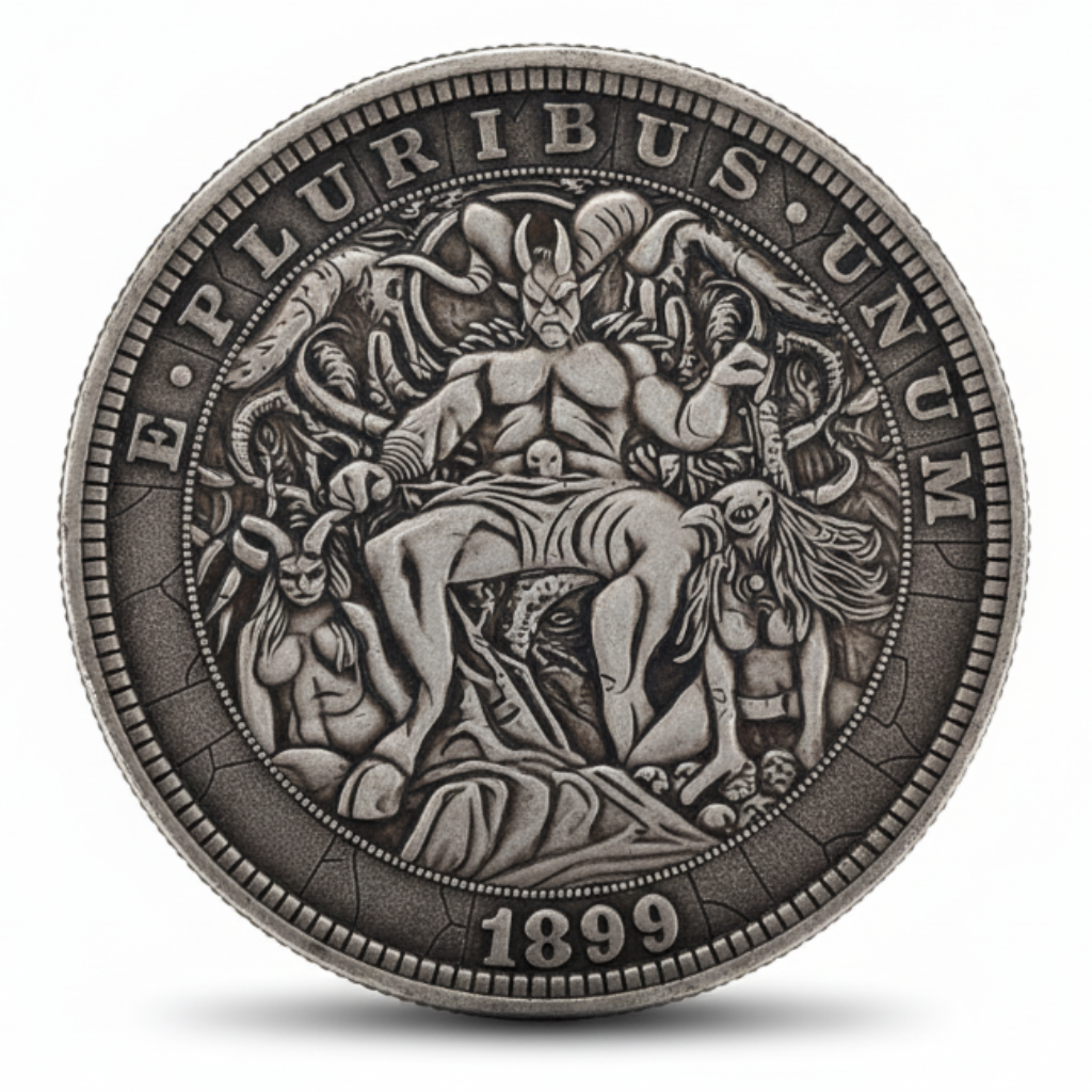 Demon king hobo coin with horned demon on throne surrounded by skulls and serpents 1899 carved dark fantasy art available at One More Coin store
