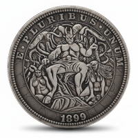 Demon king hobo coin with horned demon on throne surrounded by skulls and serpents 1899 carved dark fantasy art available at One More Coin store
