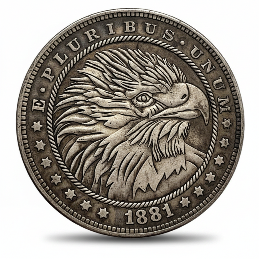 1881 Eagle hobo nickel coin with carved feathered plumage design and antique silver finish
