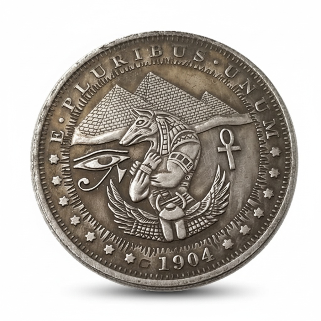 Egyptian deity Morgan Dollar hobo coin collectible Eye of Horus ankh pyramids ancient Egypt silver-plated gift for collectors available at One More Coin store
