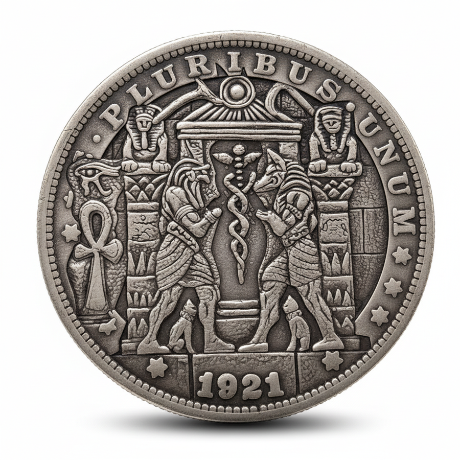Egyptian scene Morgan Dollar hobo coin collectible deities sphinxes Eye of Horus ankh pyramids ancient Egypt silver-plated gift for collectors available at One More Coin store

