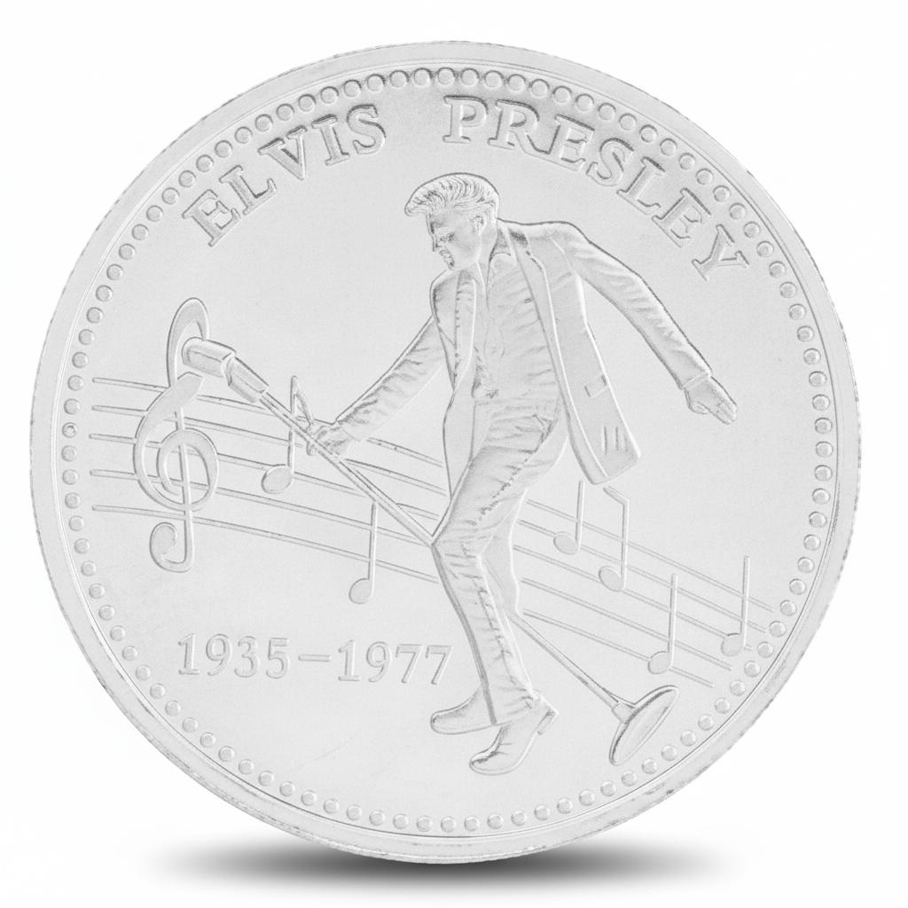 Elvis Presley commemorative coin reverse featuring performance scene 1935-1977, polished silver finish, 40mm collectible
