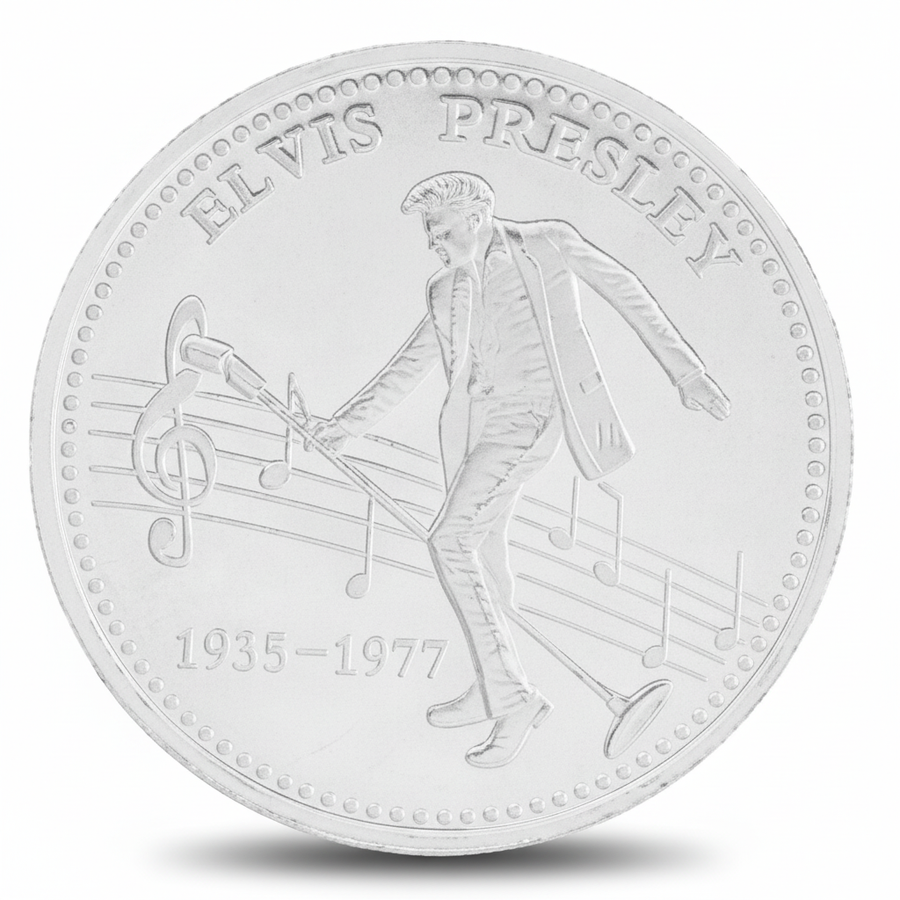 Elvis Presley commemorative coin reverse featuring performance scene 1935-1977, polished silver finish, 40mm collectible
