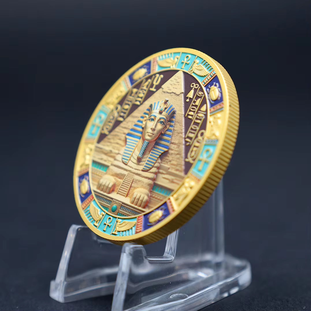 Great Sphinx pyramid hieroglyphs ancient Egyptian commemorative collectible coin on display stand gold relief mythology collectible token
