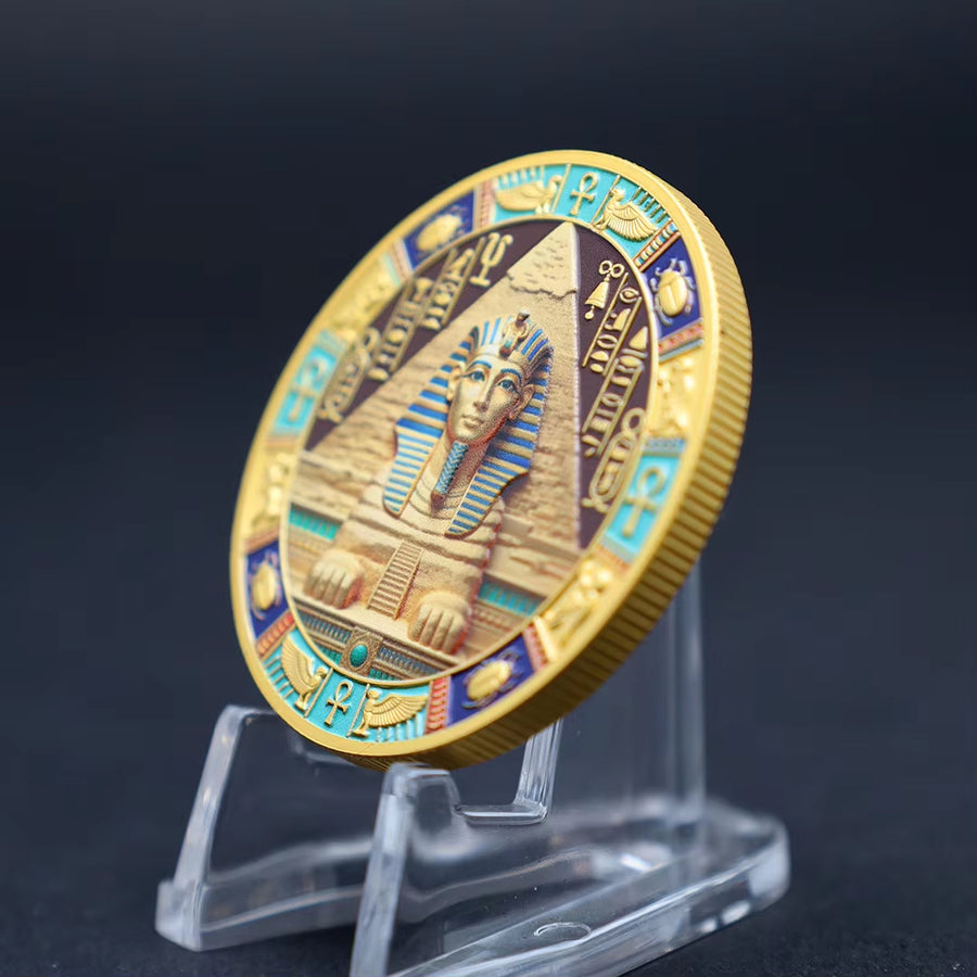 Great Sphinx pyramid hieroglyphs ancient Egyptian commemorative collectible coin on display stand gold relief mythology collectible token
