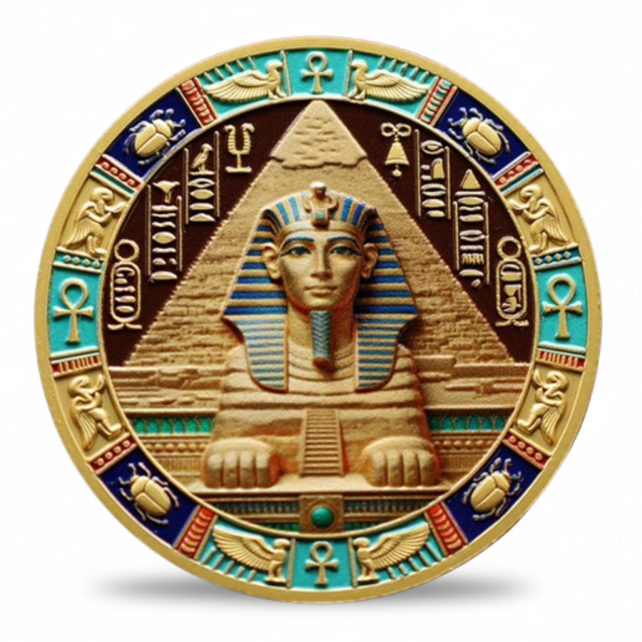 Great Sphinx of Giza pyramid hieroglyphs ancient Egyptian commemorative collectible coin gold relief scarab ankh border mythology collectible token
