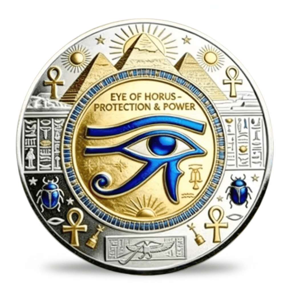 A circular commemorative coin featuring the Eye of Horus symbol in blue and gold, surrounded by Egyptian hieroglyphs, ankh signs, scarabs, and pyramids on a white background.