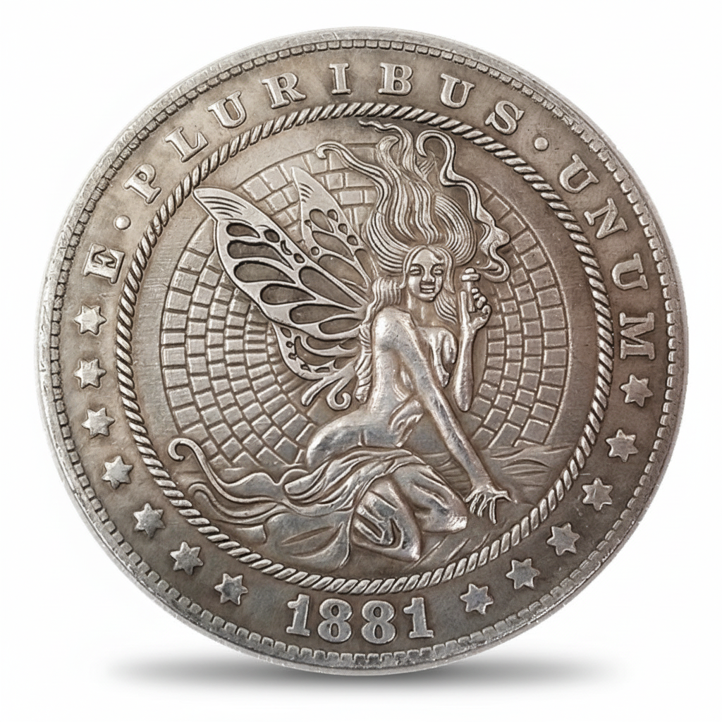 Fairy coin with butterfly wings and E Pluribus Unum inscription 1881 gothic fantasy art available at One More Coin store
