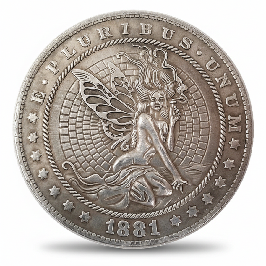 Fairy coin with butterfly wings and E Pluribus Unum inscription 1881 gothic fantasy art available at One More Coin store
