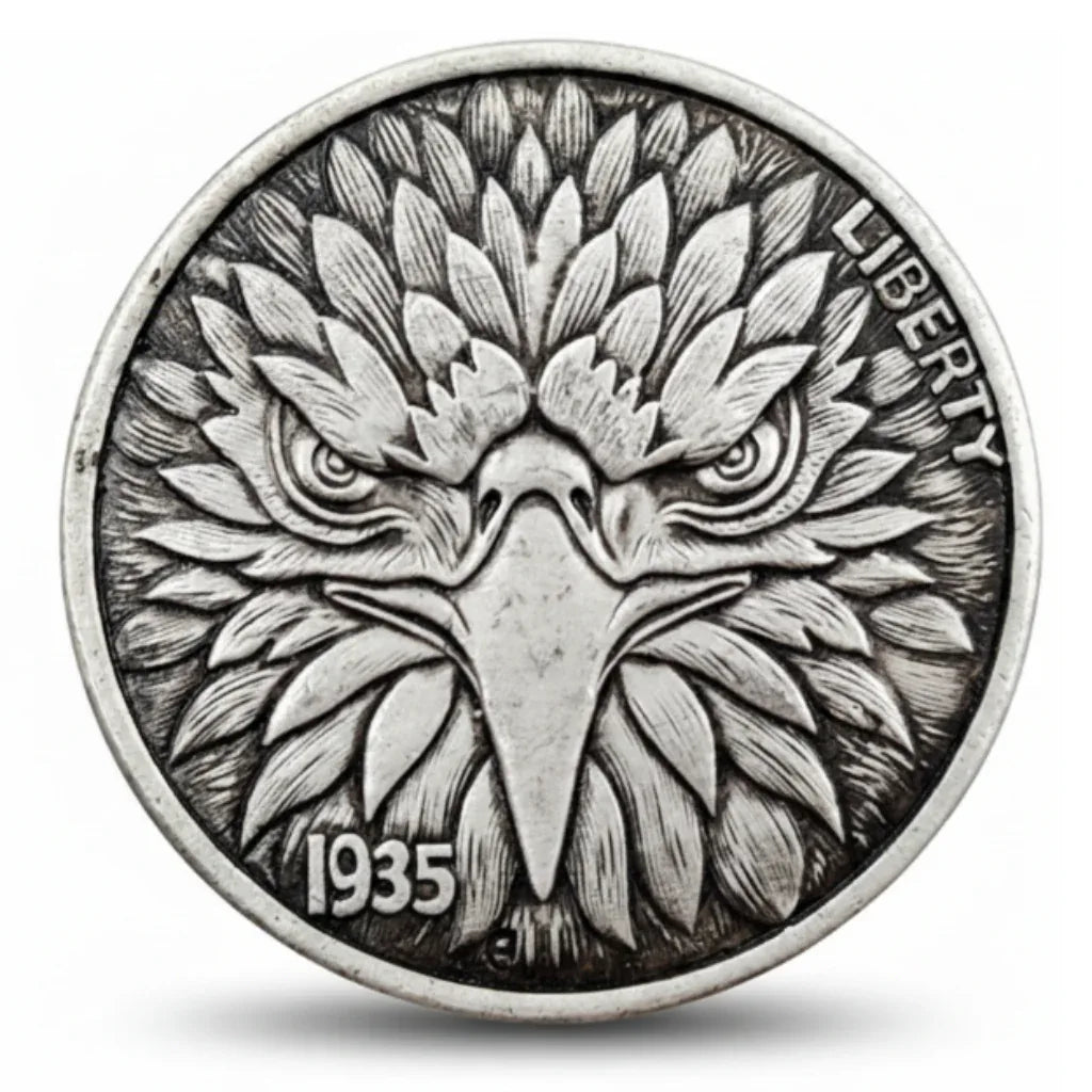 Fierce eagle hobo nickel collectible coin token detailed feather carving American folk art gift for collectors available at One More Coin store
