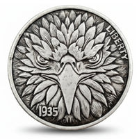 Fierce eagle hobo nickel collectible coin token detailed feather carving American folk art gift for collectors available at One More Coin store
