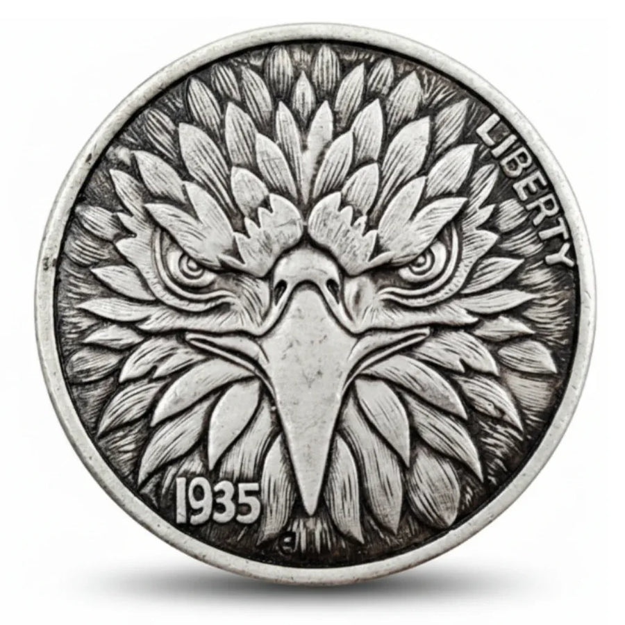 Fierce eagle hobo nickel collectible coin token detailed feather carving American folk art gift for collectors available at One More Coin store
