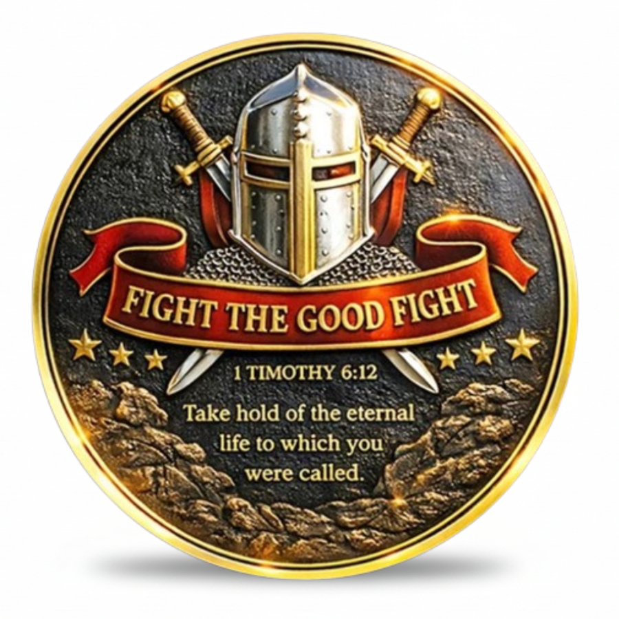 Fight the Good Fight Christian faith collectible coin crusader helmet crossed swords 1 Timothy 6:12 scripture available at One More Coin store
