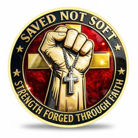 Saved Not Soft strength forged through faith Christian collectible coin raised fist cross necklace gold tone
