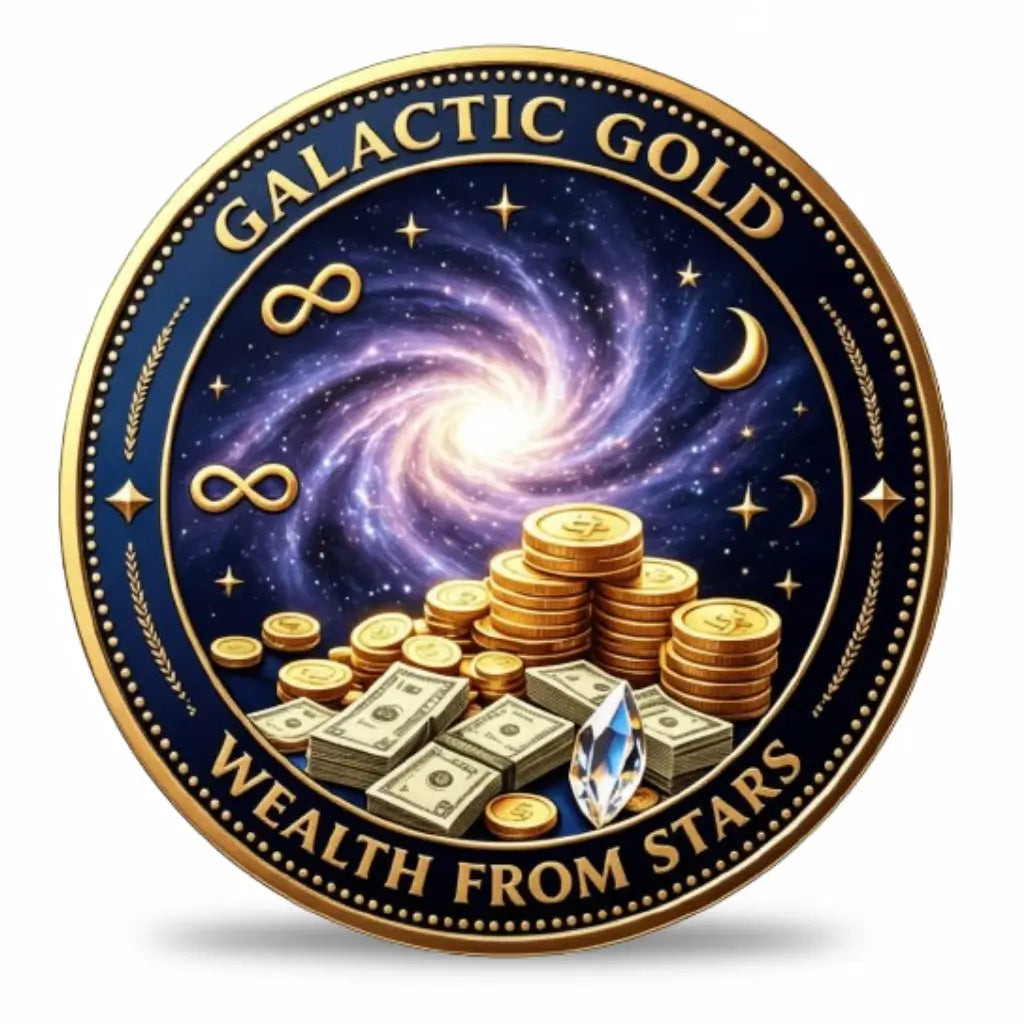 A round commemorative coin with a gold border and a deep blue outer ring reading 'GALACTIC GOLD' and 'WEALTH FROM STARS.' The center shows a glowing spiral galaxy, gold coins, stacks of cash, and a single faceted blue gem on a white background. available at one more coin store