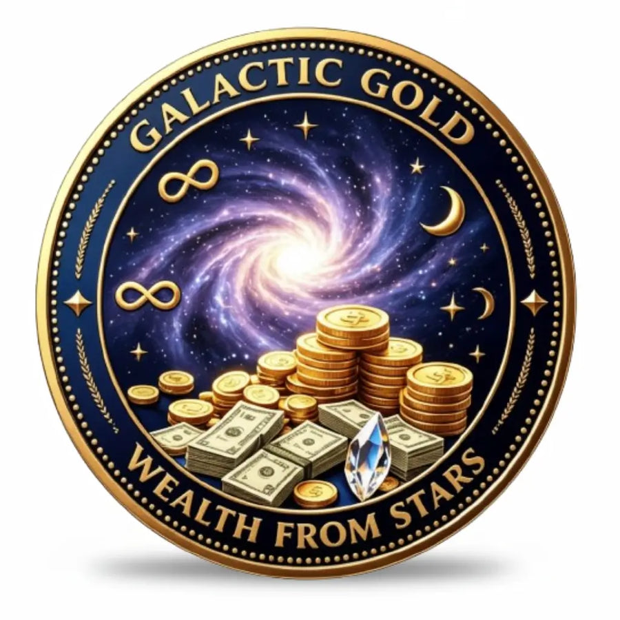 A round commemorative coin with a gold border and a deep blue outer ring reading 'GALACTIC GOLD' and 'WEALTH FROM STARS.' The center shows a glowing spiral galaxy, gold coins, stacks of cash, and a single faceted blue gem on a white background. available at one more coin store