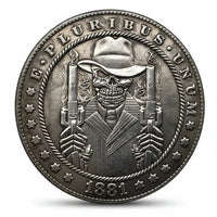 Gangster skeleton hobo coin with fedora and Tommy guns 1881 carved Prohibition era art available at One More Coin store
