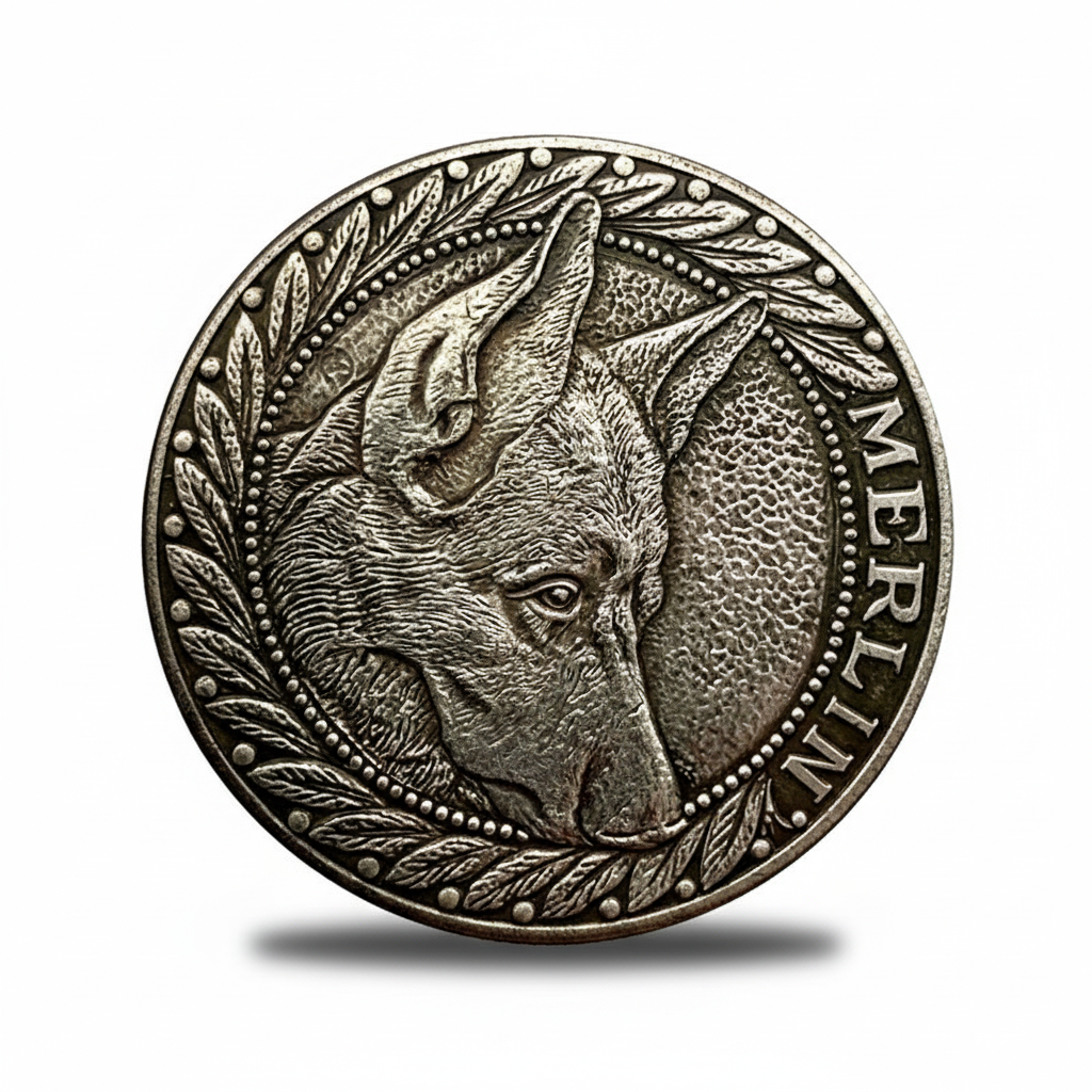 Silver hobo coin featuring detailed German Shepherd Alsatian dog head with laurel wreath antique finish