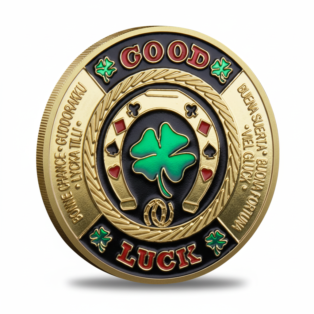 Good Luck poker challenge coin featuring green four-leaf clover, horseshoe, playing card suits, and rope border, 40mm diameter
