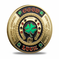 Good Luck poker challenge coin featuring green four-leaf clover, horseshoe, playing card suits, and rope border, 40mm diameter
