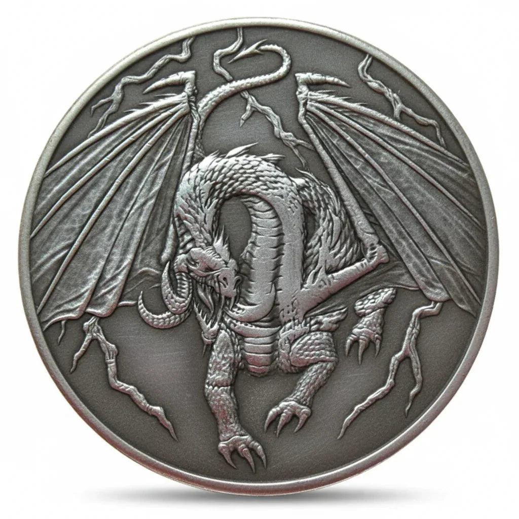 Gothic dragon lightning coin collectible fantasy mythology medieval winged dragon dark fantasy silver-plated gift for collectors available at One More Coin store
