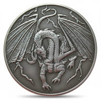 Gothic dragon lightning coin collectible fantasy mythology medieval winged dragon dark fantasy silver-plated gift for collectors available at One More Coin store
