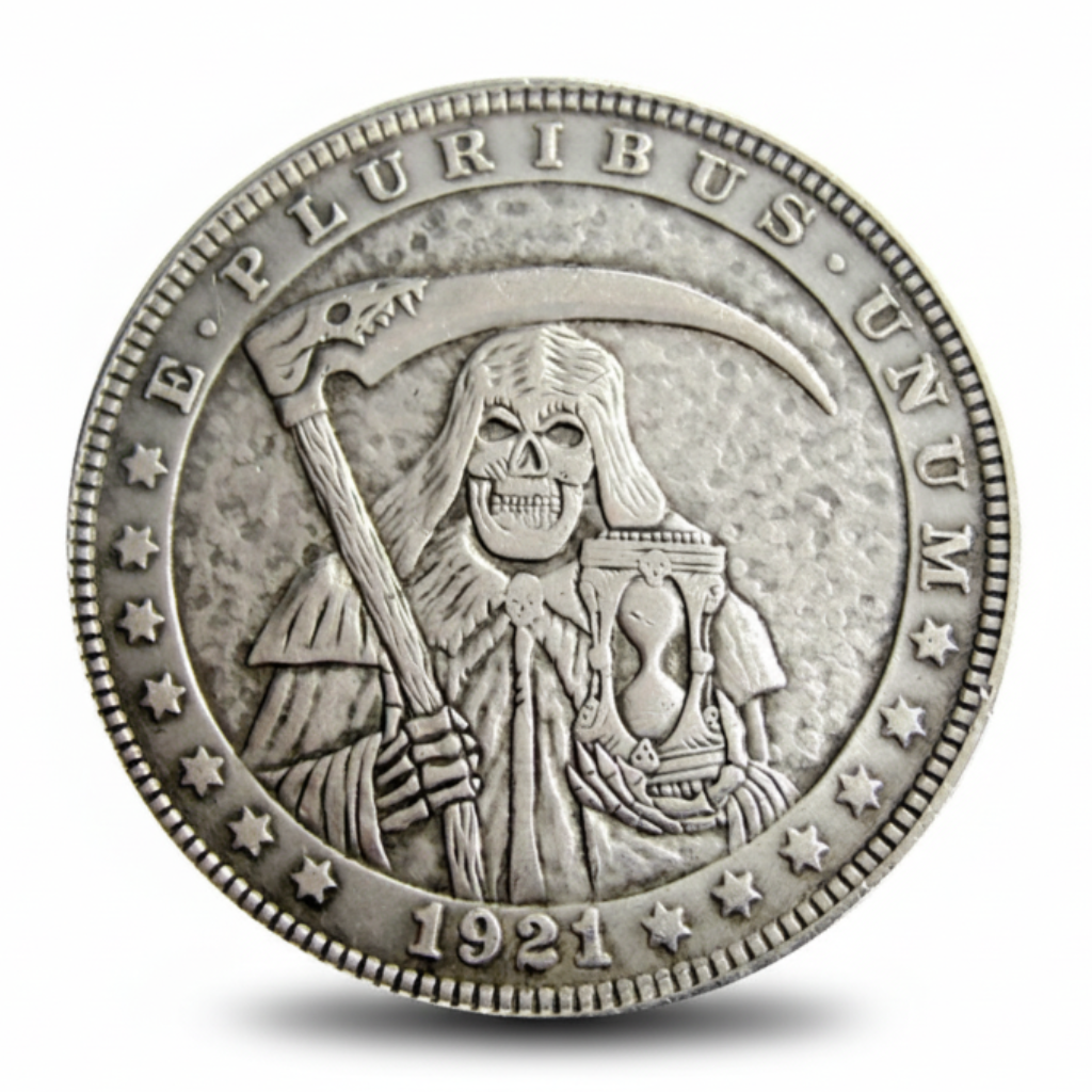 Grim Reaper hourglass hobo coin with scythe and flowing robes 1921 carved copper memento mori art available at One More Coin store
