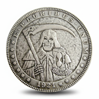 Grim Reaper hourglass hobo coin with scythe and flowing robes 1921 carved copper memento mori art available at One More Coin store
