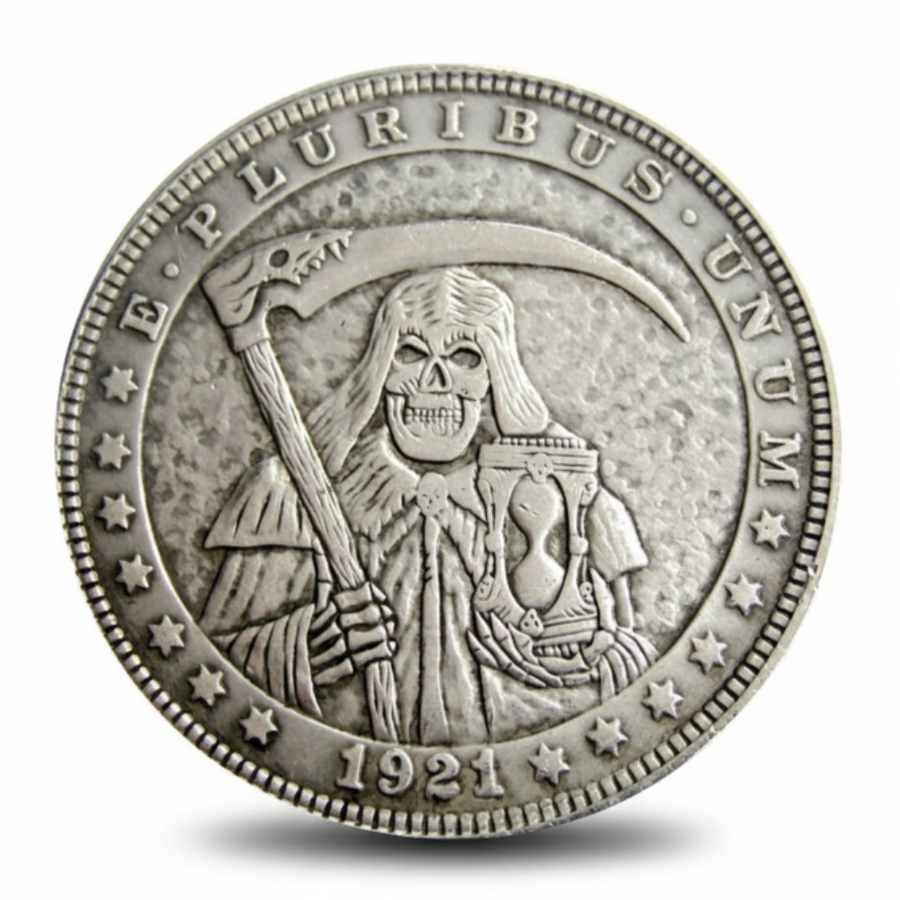 Grim Reaper hourglass hobo coin with scythe and flowing robes 1921 carved copper memento mori art available at One More Coin store

