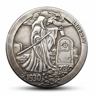 Grim Reaper gothic collectible coin with headstone clock and scythe 1930 Liberty design memento mori art available at One More Coin store
