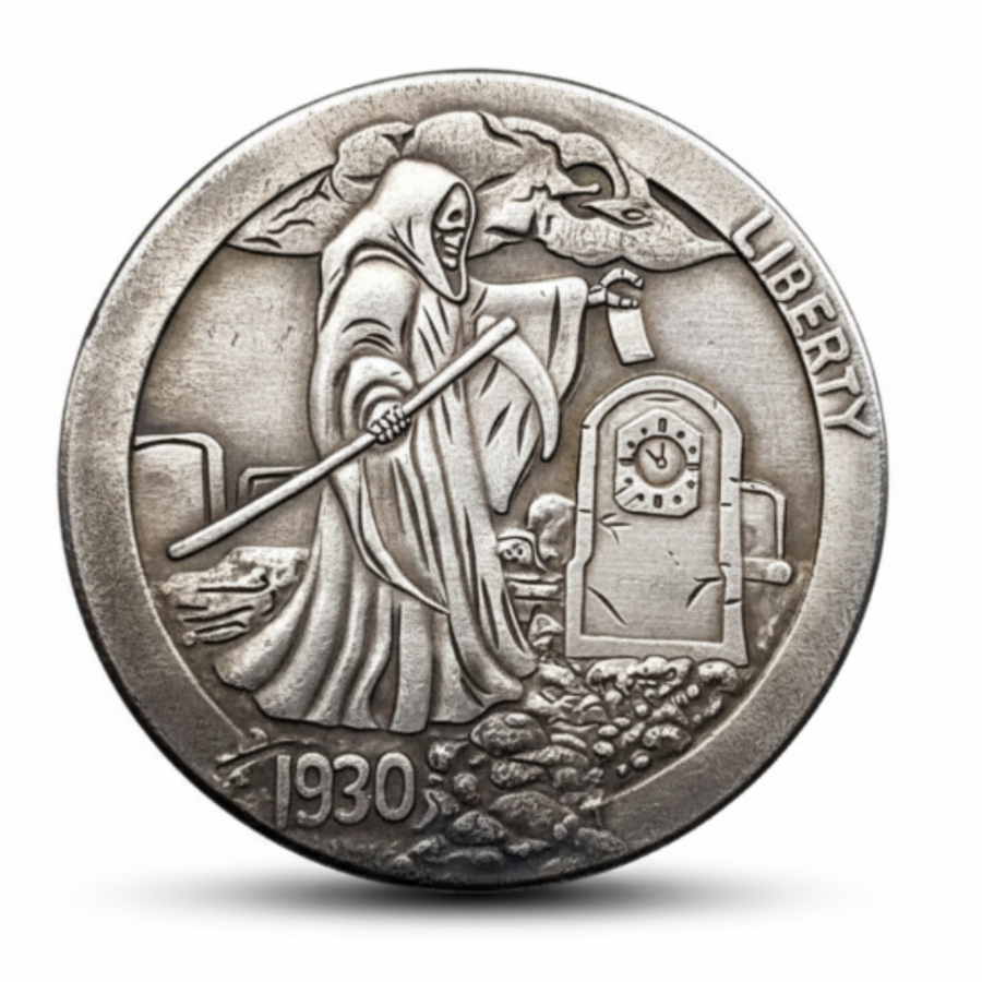 Grim Reaper gothic collectible coin with headstone clock and scythe 1930 Liberty design memento mori art available at One More Coin store
