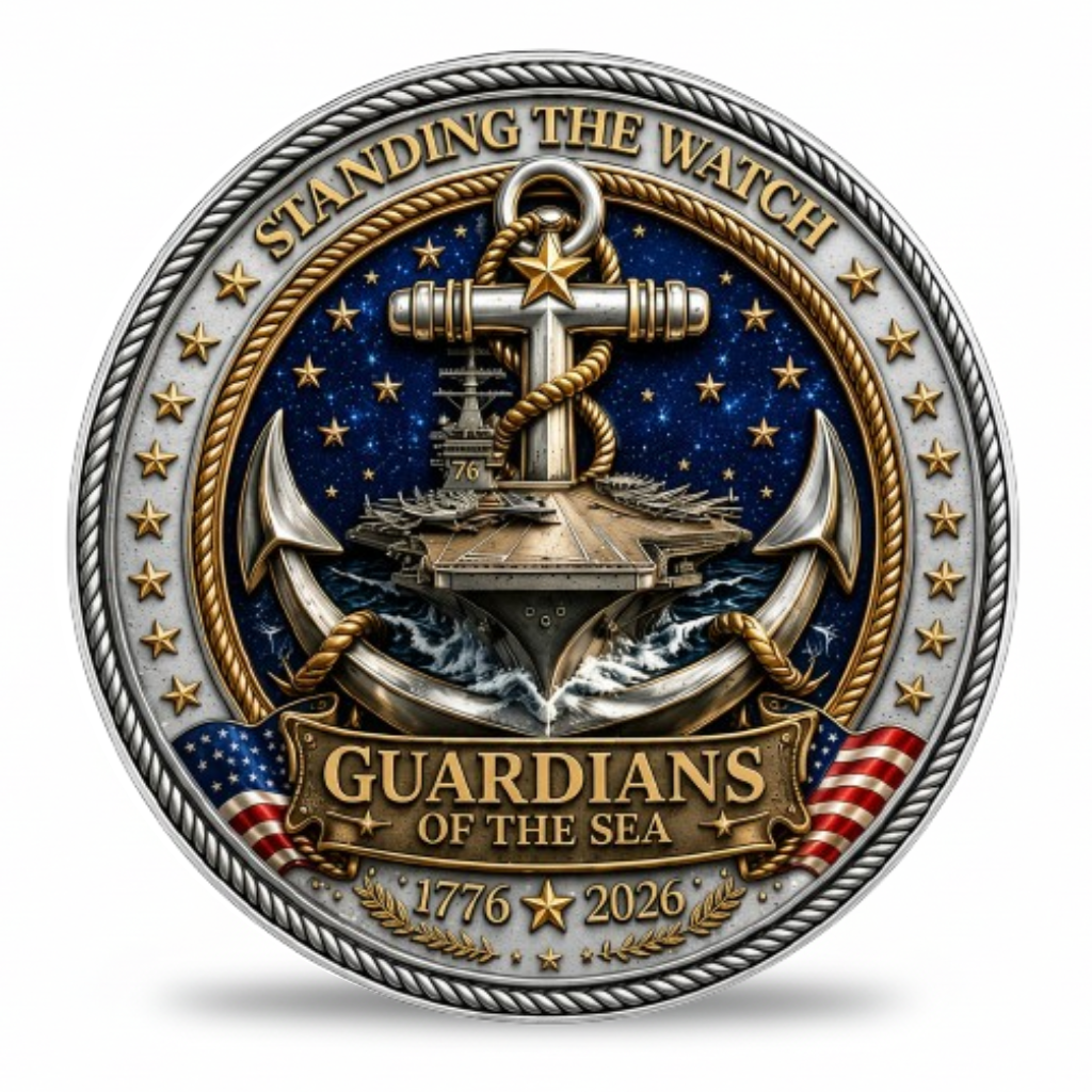 Guardians of the Sea US Navy commemorative collectible coin anchor aircraft carrier standing the watch 1776 2026 available at One More Coin store
