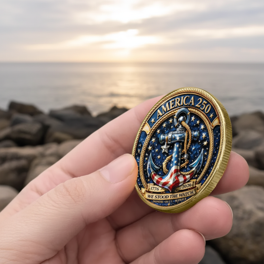 Guardians of the Sea US Navy commemorative collectible coin held in hand anchor aircraft carrier design natural coastal ocean background
