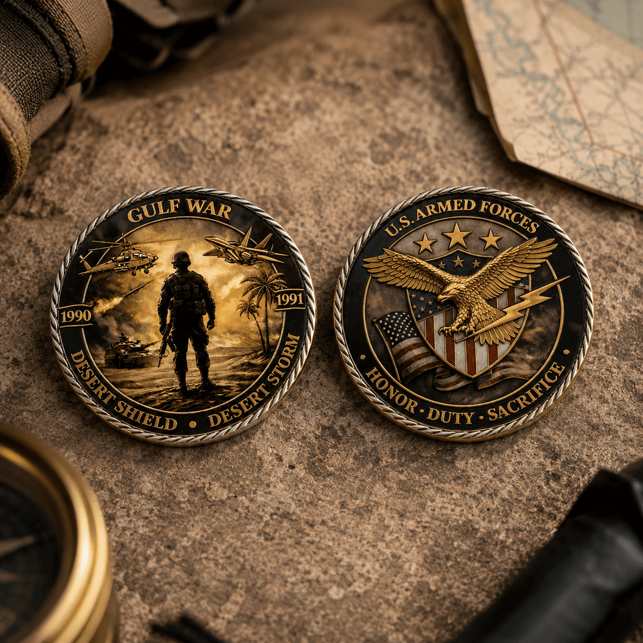 Two military challenge coins displayed on a textured stone surface. The left coin is labeled 'GULF WAR' with a desert storm scene and the years 1990 and 1991.