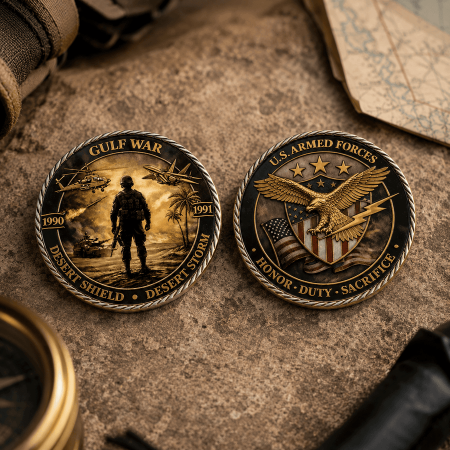 Two military challenge coins displayed on a textured stone surface. The left coin is labeled 'GULF WAR' with a desert storm scene and the years 1990 and 1991.