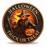 A circular Halloween-themed coin featuring a carved jack-o'-lantern with a witch's hat and scythe, with the words 'HALLOWEEN TRICK OR TREAT' around the border, shown on a white background. Available at One more coin store